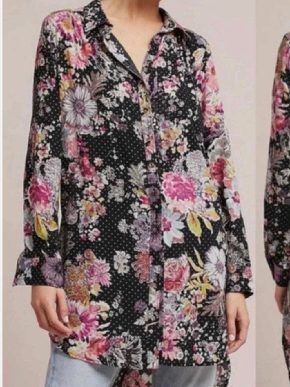 Meave Floral Tunic Buttom Down Shirt Glitter Polka Dot High Low Hem Small